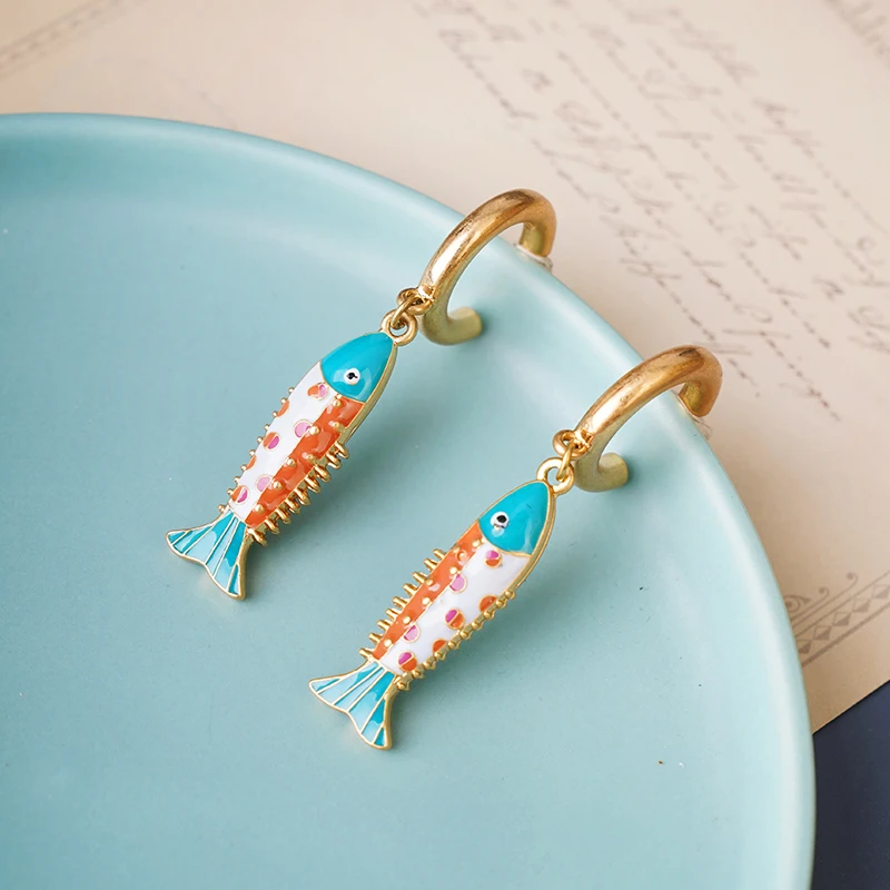 Fish earrings Enamel Double Side Kiss Fish Pendant Earrings Chic