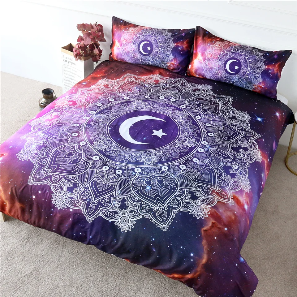 

HM Life Galaxy Bedding Set Crescent Moon Star Duvet Cover Set Feather Print 3pcs/set Bedclothes Microfiber Soft Home Textiles