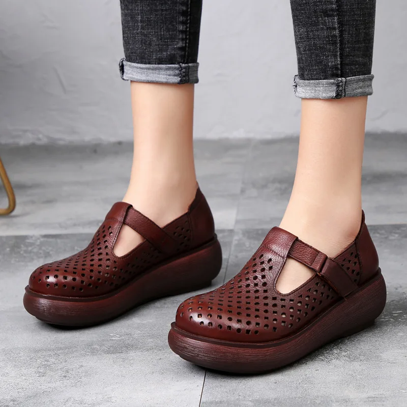 

Deficit Genuine Leather WOMEN'S Casual Shoes 2019 New Style Velcro Low-Cut Platform Shoes Retro Hollow out Shoes High Heels