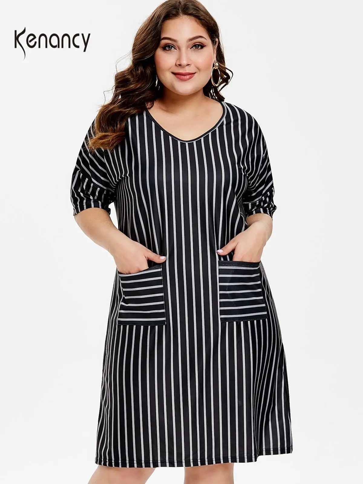 Женское приталенное платье Kenancy Повседневное в полоску с короткими рукавами и v