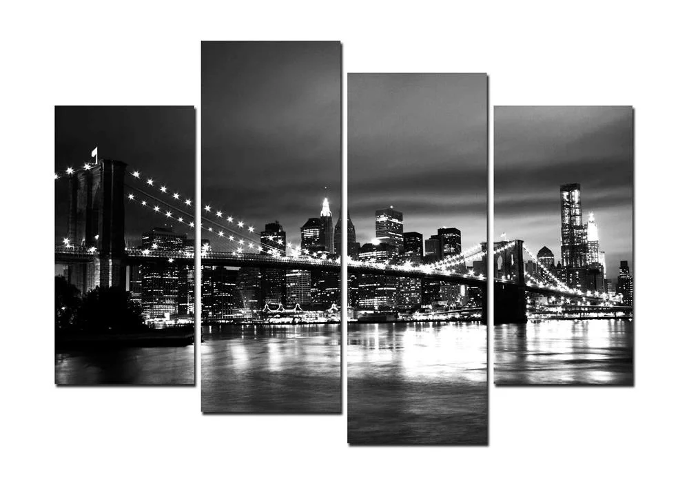 4 Pcs New York and Brooklyn Bridge Night Skylin Canvas Wall Art Pictures Prints Set Living Room Decor Canvas Pictures Wall Decor (4)