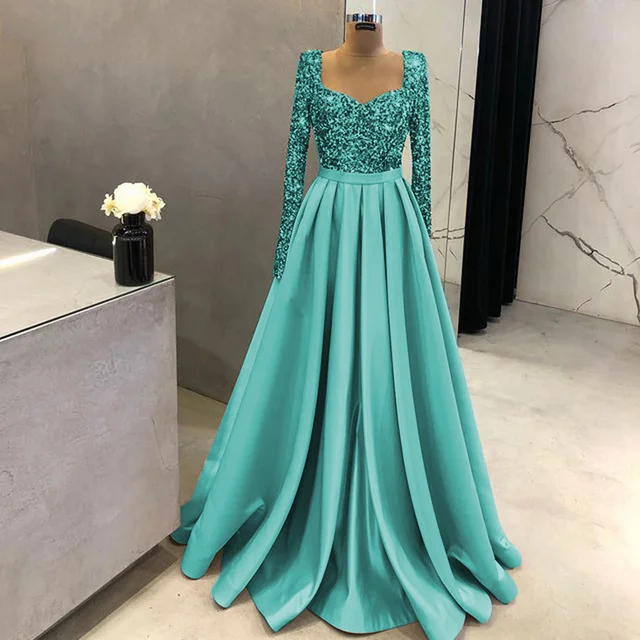 

Elegant Party Night Sequin Evening Dresses 2022 for Women Long Sleeves Sweetheart Aline Satin Wedding Prom Formal Party Gowns