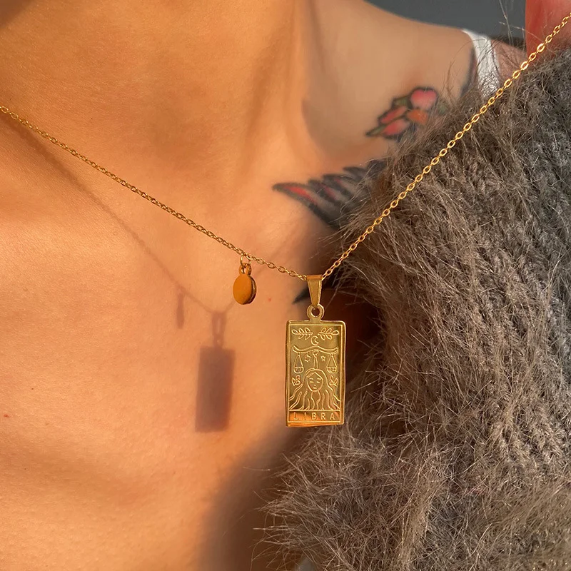 12 Constellations Necklace Square Pendant Fashion 18K Gold Plated Zircon Moon Sun World Creative Jewelr | Украшения и аксессуары
