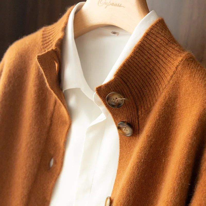Autumn and Winter 100% Wool Cashmere Sweater Women's Self-Cultivation Half High Neck Cardigan Warm Knitted Sweater Women 2