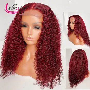 

99J 13X6 HD Transparent Lace Frontal Human Hair Wigs Kinky Curly Burgundy Lace Front Wig Deep Wave Pre Plucked Bleached Knots