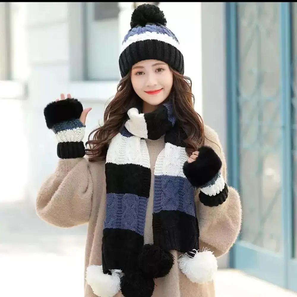 black 3pc set Зимние женские головные уборы шарф перчатки 3 шт. набор для девочек из толстого хлопка зимние женские аксессуары Головные уборы набор женских шапок бини шарф перчатки - Цвет: black 3pc set