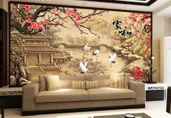 

CJSIR 3d Wallpaper Custom Photo Wallpaper Mural 3d Chinese Style Relief Carved Flower Frame Crane Landscape 3d Wallpaper Decors