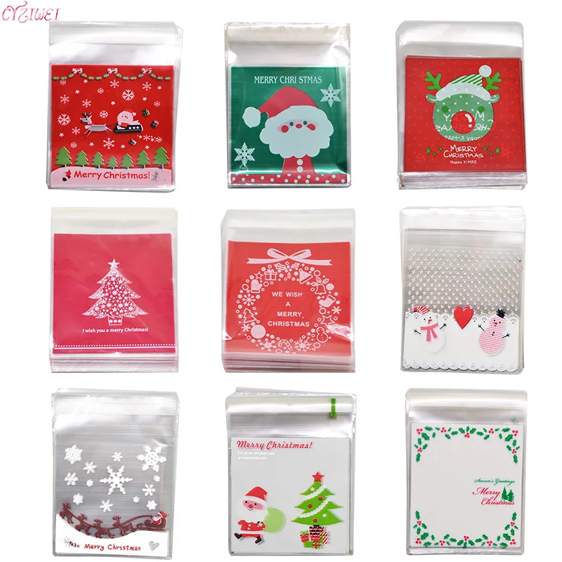 50/100pcs 10x10cm Christmas Candy Bags Santa Claus Cookies Snack Food Packaging Gift Bag Navidad Christmas Decoration Supplies