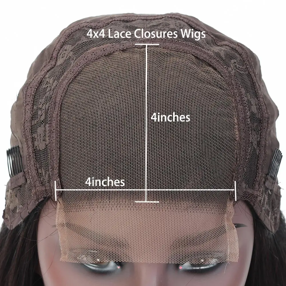 Tanie 4x4 zamknięcie koronki peruka peruka body wave nie Remy ludzkiego włosa Frontal peruki średniej stosunek 150% gęstości środkowa część peruka BUGUQI