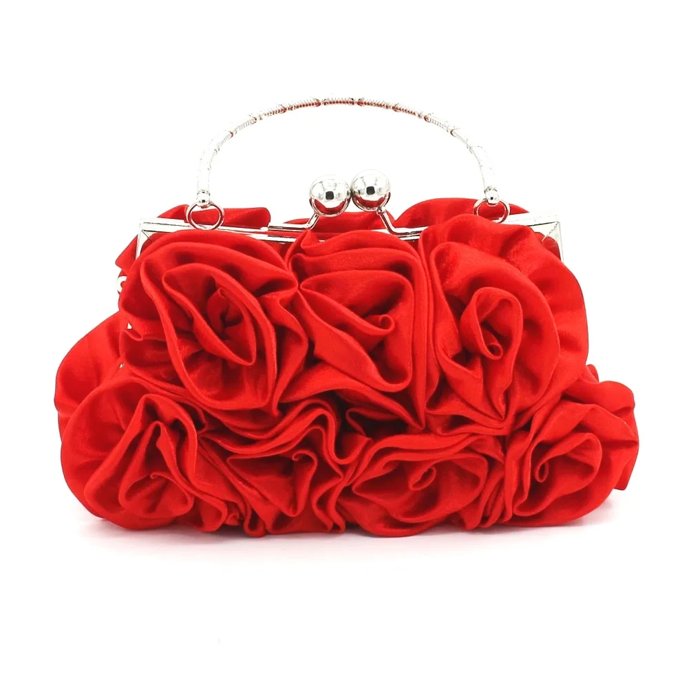 

Big Satin Rose Flower Women Evening Bag Sweet Lady Clutch Purse Metal Frame Hasp Closure Handbag Wedding Party Banquet Bridal