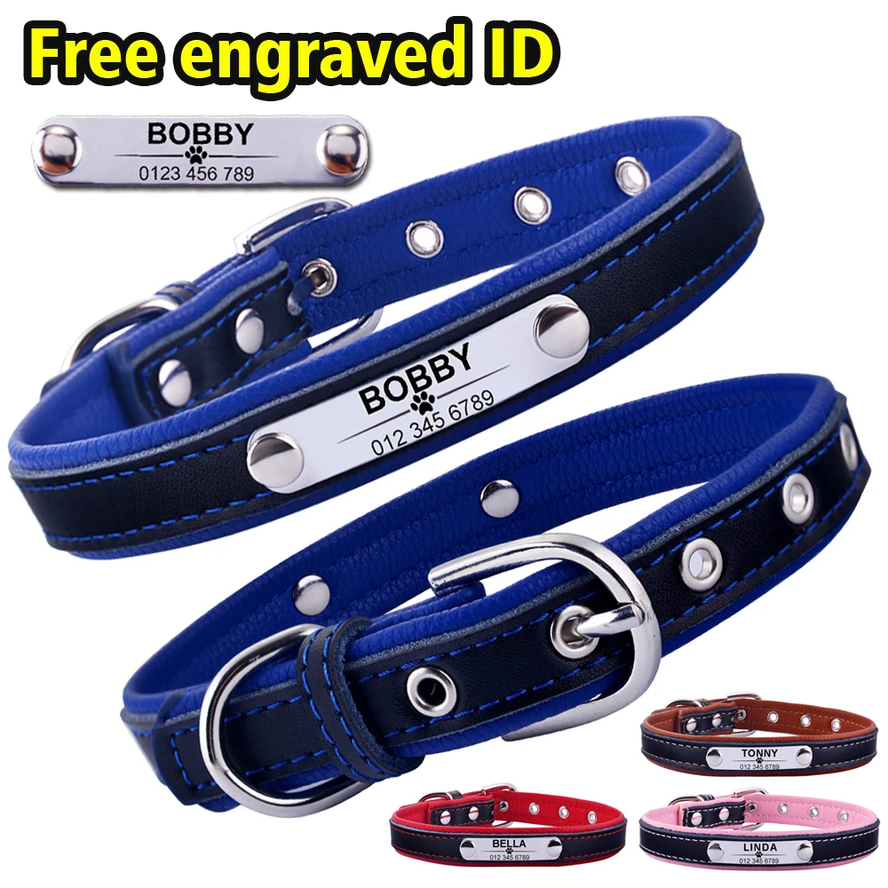 

Durable Adjustable Personalized Dog Collar Leather Puppy ID Name Custom Engraved for Small Medium Large Dogs Cat 4 Size XS-L