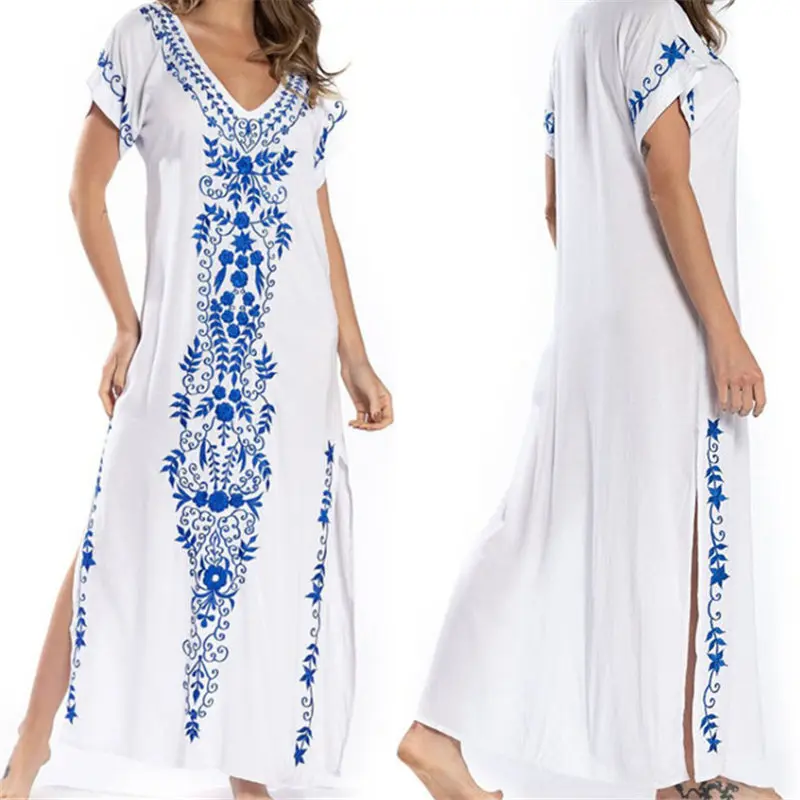 Индийское народное вышитое летнее платье с коротким рукавом, хлопковая туника, пляжный кафтан, женский пляжный купальник, накидка, халат de plage