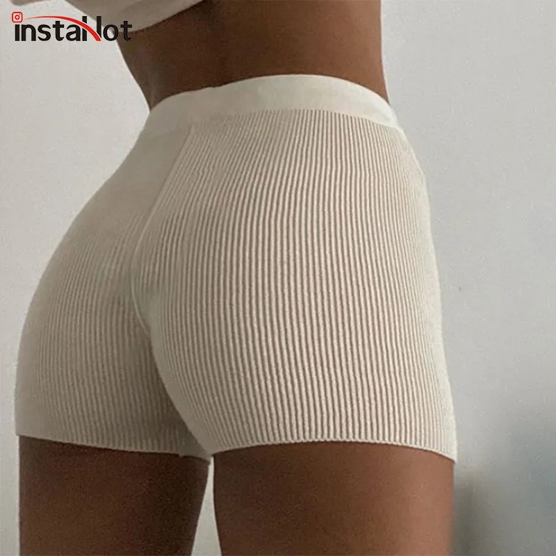 InstaHot/женские шорты с высокой талией трикотажные в рубчик 2020 модные летние