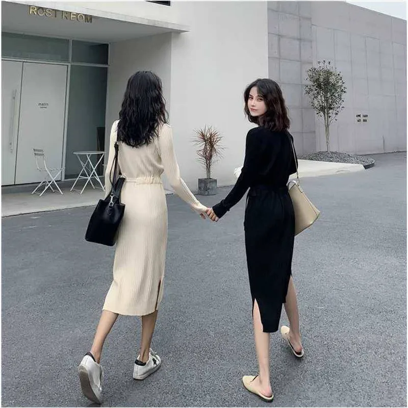 Fashion Maxi Slim Drawstring Waist Knitted Dress Women 2019 Vintage Long Sleeves Split A-line Party Dress Winter Warm Vestito