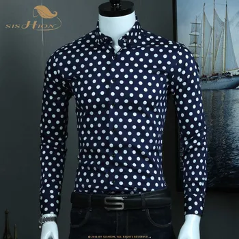 

SISHION Autumn Casual Men Dots Vintage Shirts Long Sleeve Cotton QY0338 Black Plus Size Single Breasted Slim Shirt Men