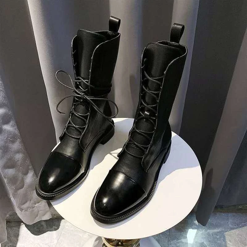 Botas planas charol para botines de estilo británico, de Punta puntiaguda, color negro, para motocicleta, talla grande 43|Botas a media pantorrilla| - AliExpress
