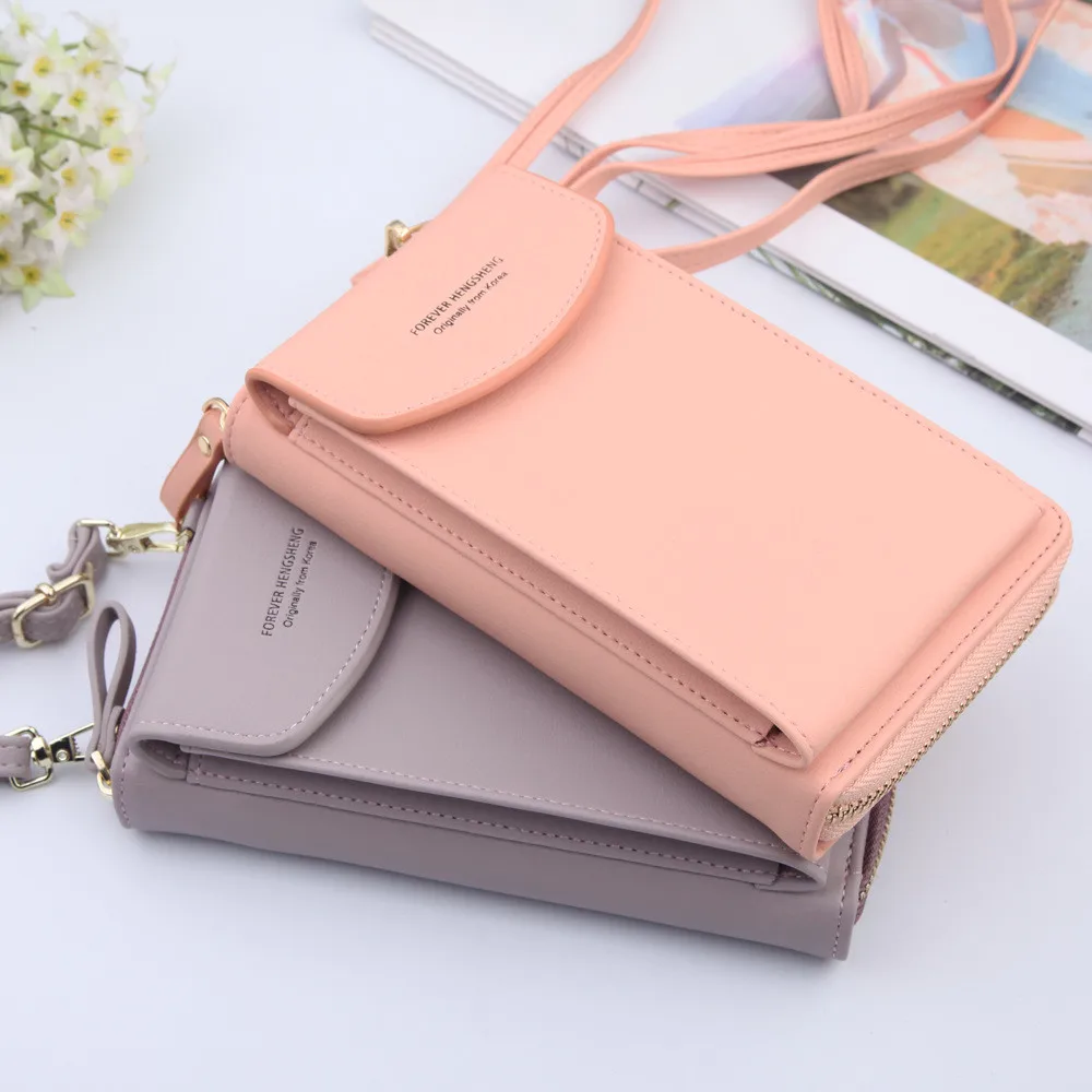 New Women Purses Solid Color Leather Shoulder Strap Bag Mobile Phone Bag Card Holders Wallet Handbag Pockets for Girls