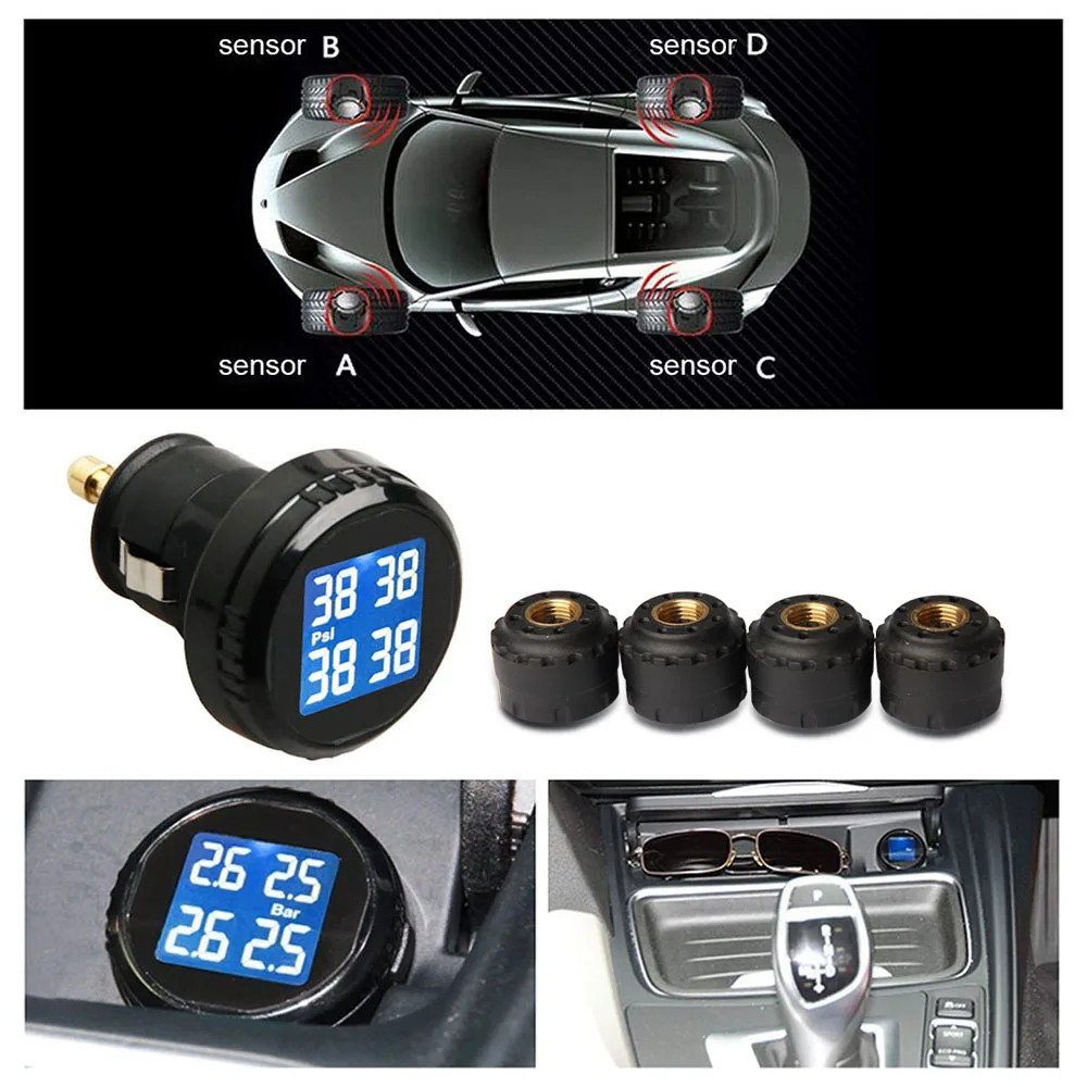 Монитор давления в шинах с 4 внешними датчиками, беспроводная система контроля давления в шинах, TPMS, прикуриватель, ЖК-дисплей
