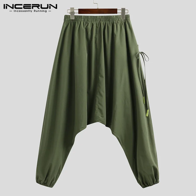Men Harem Pants Solid Color Joggers Streetwear Elastic Waist Loose Drop Crotch Trousers Men Pockets Fashion Pants INCERUN S-5XL men pants