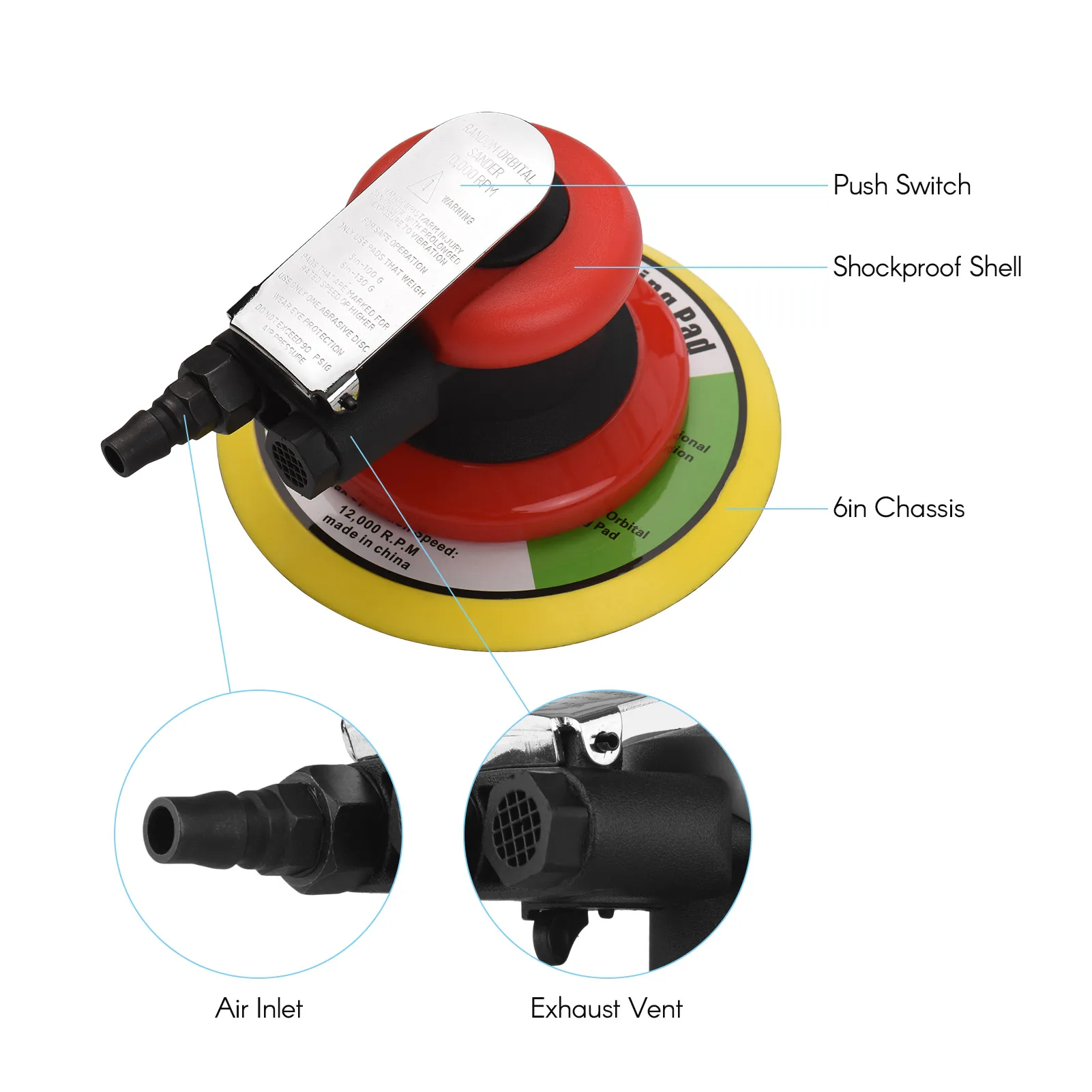 Pneumatic Orbital Sander Air Grinder 6"/5'' Vacuum Eccentric Polishing/Grinding Machine Sanding Waxing Tools Car Wall Wood Metal 4