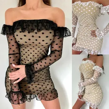 

Women's Bodycon Long Sleeve Lace Mini Dress Polka Dot Ladies Evening Party Off Shoulder Sexy Dresses Sundress