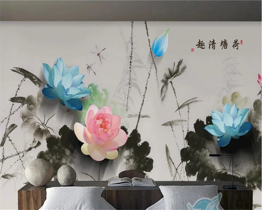 beibehang Custom wallpaper 3d flower New Chinese mood colorful ink lotus TV background wall decoration painting wallpaper обои