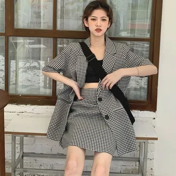 

Temperament summer Korean two-piece retro plaid lazy casual suit + high waist plaid skirt suit ins
