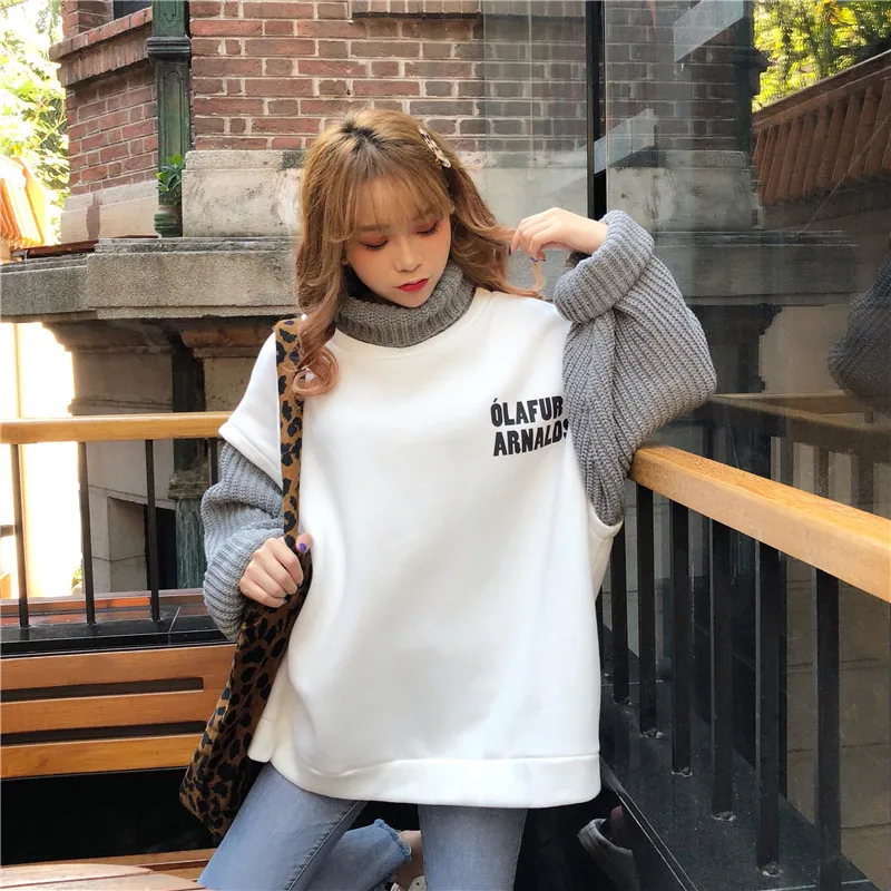 Корейская толстовка с надписью и бархатом BF Ins Harajuku винтажная Женская шикарная имитация двух частей модная Свободная Повседневная Женская толстовка