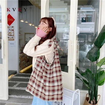 

2020 new women Korean plaid shoulder bag Mori tie strap bow tie canvas handbags girls student shopper bags Reusable eco bag