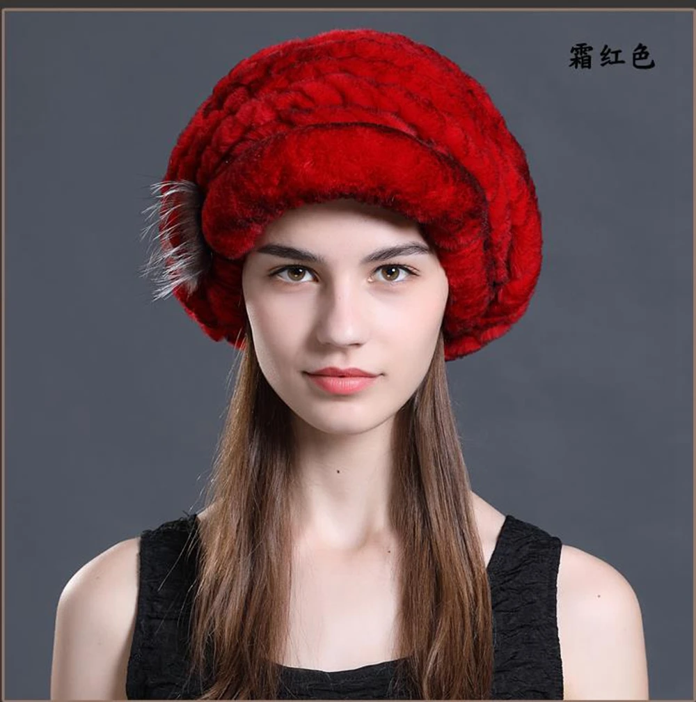 Настоящий мех кролика шапка теплая Модная женская шапка ручной вязки
