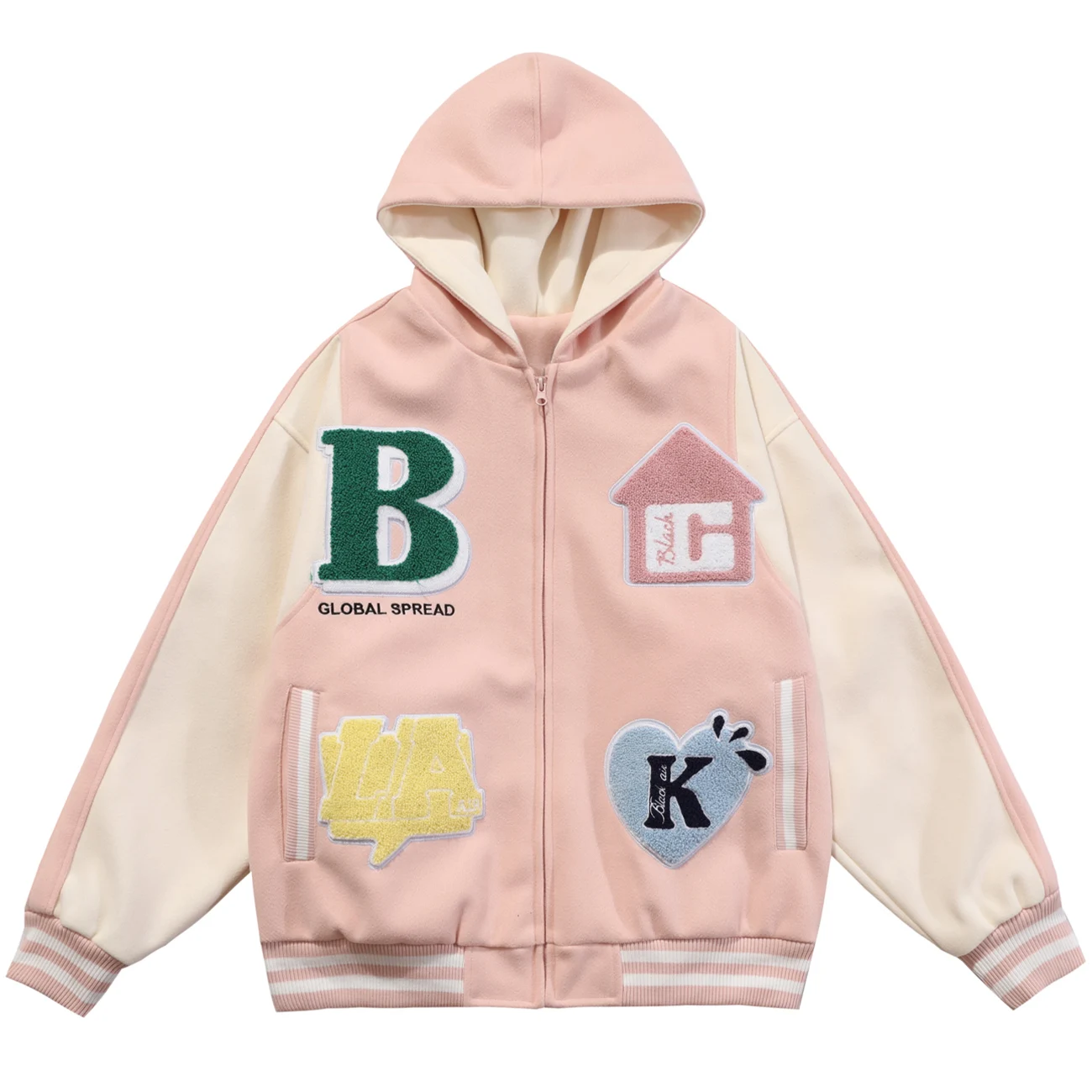 

LACIBLE Streetwear Hooded Zipper Jacket Hip Hop Baseball Jacket Coat Flocking Embroidery Harajuku Hoodie Sweatshirt Loose Tops