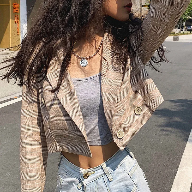 Plaid elegant office ladies women blazer notched collar pocket loose oversize vintage classic coat fashion streetwear