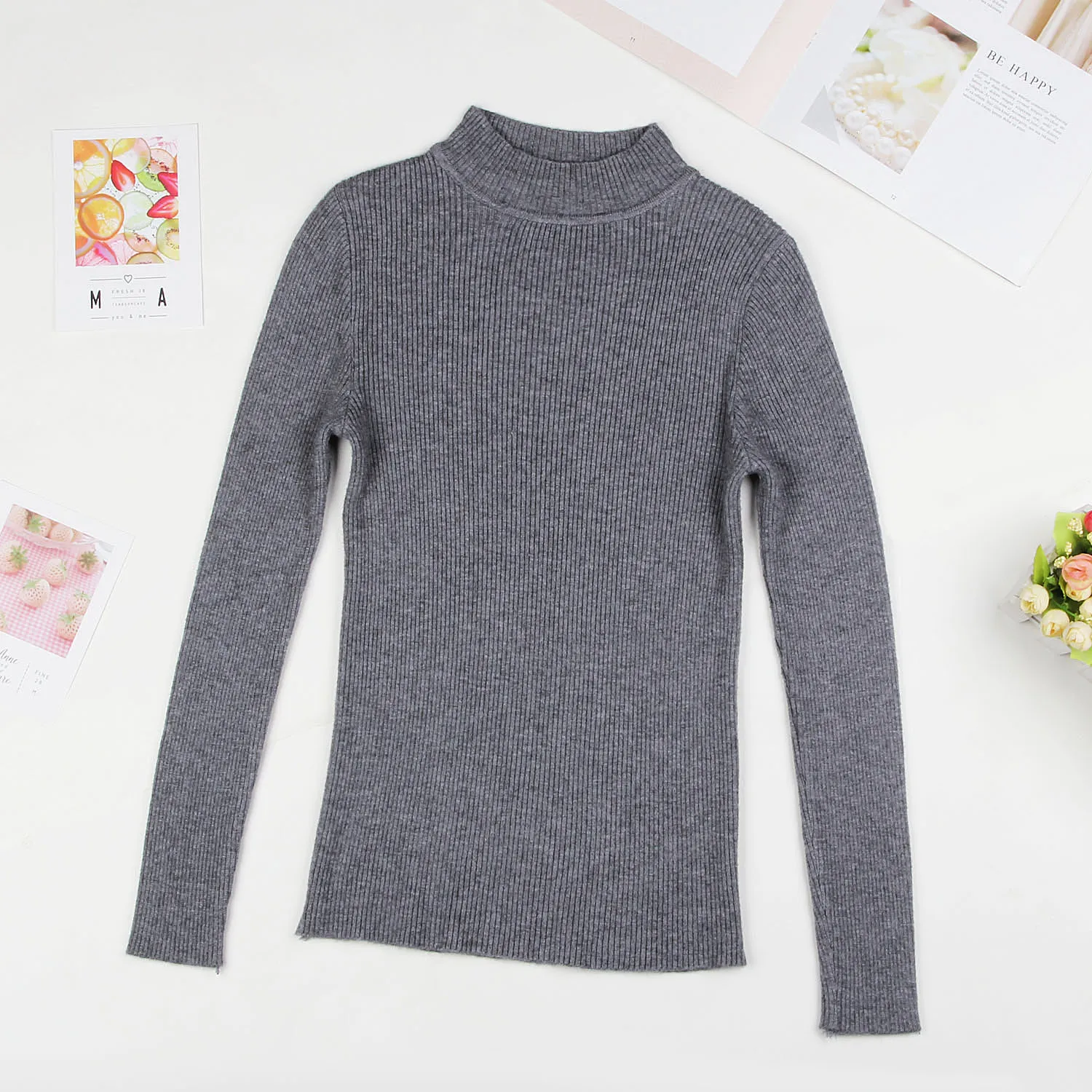Серый DeRuiLaDy Fall New Women Turtleneck Sweater Pullover Black Pink Knitted Slim Sweaters Tops Winter Casual Sweater Jumper Top - Цвет: Серый