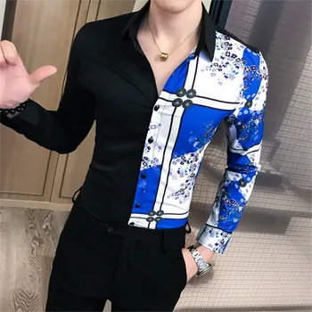 

Men Club Shirt 2019 Long Sleeve Baroque Men's Slim Shirt Fashion Patchwork Print Men's Prom Shirt Camisas Hombre M-3XL