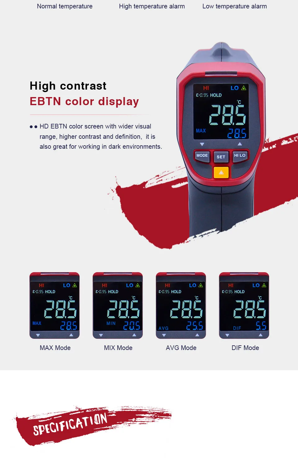 UNI-T UT301A+/302A+/303A+ инфракрасный термометр высокой четкости EBTN цветной экран Регулируемая излучательная функция будильника-32~ 800C