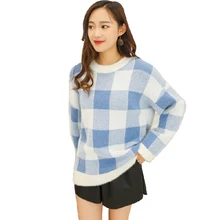 2019 Autumn Winter Thick Wool Sweater Women Round Neck Plaid Loose Pullover Casual O-Neck Long Sleeve Pink Gray Blue Green Top 2019 Autumn Winter Thick Wool Sweater Women Round Neck Plaid Loose Pullover Casual O-Neck Long Sleeve Pink Gray Blue Green Top