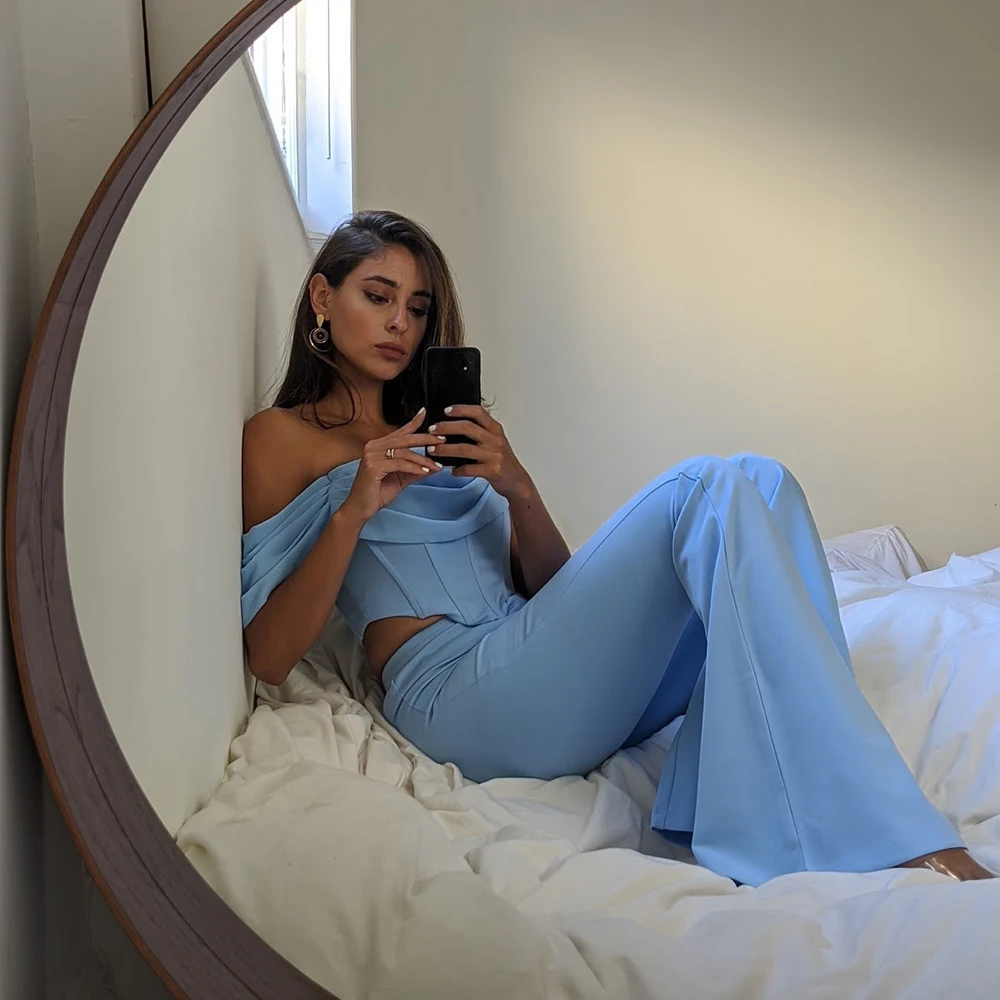 

DeerLady Sexy 2 Piece Set Women 2020 Blue Crop Tops Off Shoulder High Waist Bodycon Pants Set Long Wide Leg Pants Set Club Party