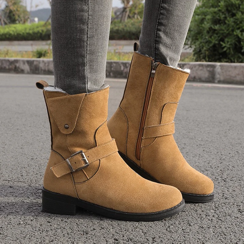 De grande 35 43 de imitación gamuza tobillo Botas nieve mujer Zapatos de hebilla Botas de motocicleta de felpa caliente Botas de mujer de tacón bajo de moda de invierno|Botas de