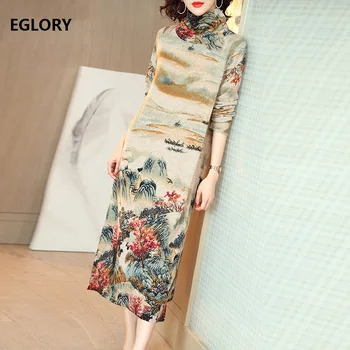 

Turtleneck Sweater Dress 2019 Autumn Winter Warm Dress Women Vintage Mountain Knitting Long Sleeve Mid-Calf Dress Pullovers