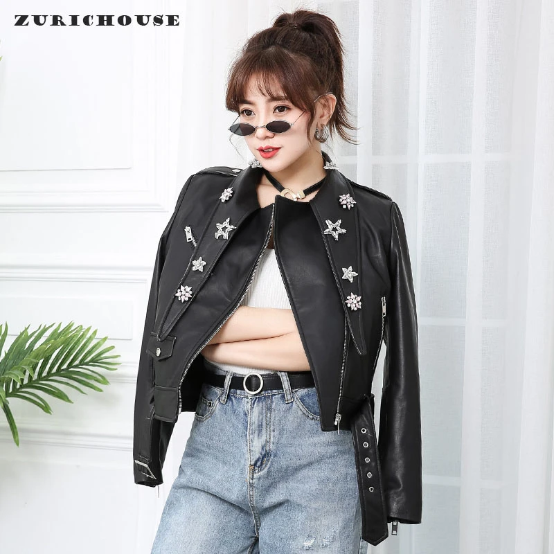 

ZURICHOUSE Natural Sheepskin Coat For Women Personality Rivet Diamond Design Black Soft Genuine Leather Biker Jacket Woman