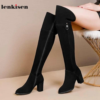 

Lenkisen high quality basic cow suede round toe high heels metal fasteners Zipper winter keep warm women thigh high boots L17