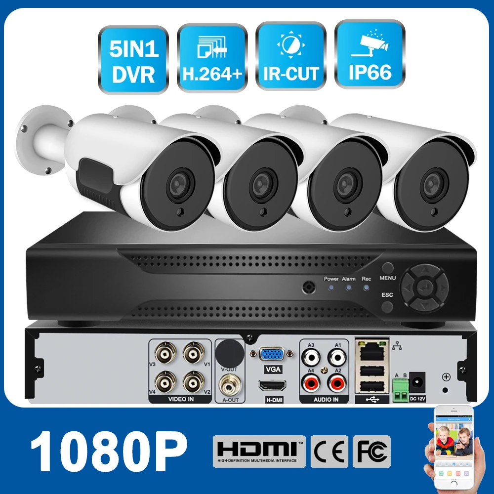 JUNEJOUR CCTV 4CH 720 P/1080 P комплект камеры AHD P2P HDMI DVR система видеонаблюдения Водонепроницаемая наружная камера безопасности комплект - Color: 1080P