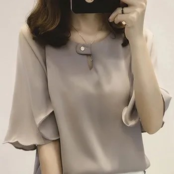 

Chiffon Women's Shirt Loose Blouse Half Flare Sleeve Solid Shirt Summer Women Loose Bottoming Shirt Casual Blusa Pink Gray White