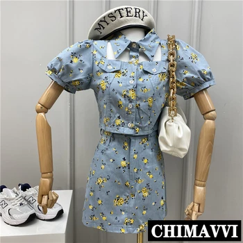 

Floral Skirt Suit New Female Summer Lapel Short-Sleeved Printed Short Denim Shirt + High-Waisted A- Line Skirt Two-piece Set