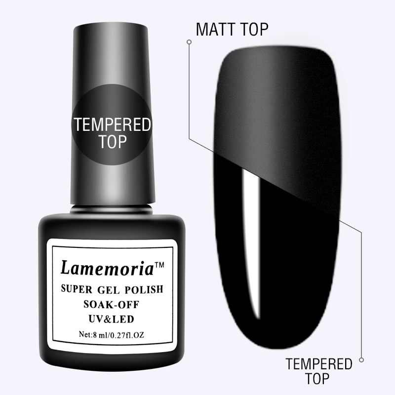 

2 Bottles/set Lamemoria 8ml Matte Top Coat and Tmepered Top Coat Gel Polish UV LED Vernis Permanent Gel Varnish Matte Top