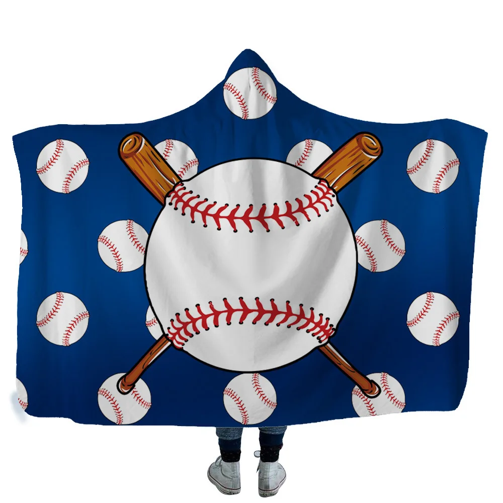

Baseball Printed Hooded Blanket 3D Football Printing Sherpa Fleece Soft Blanket Wearable Warm Throw Bed Blanket For Home Travel