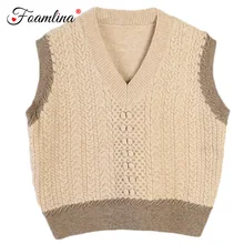 Foamlina/ осенний Женский вязаный жилет в цветных блоках полосатый толстый v-образный вырез без рукавов Свободный вязаный жилет свитер Топ