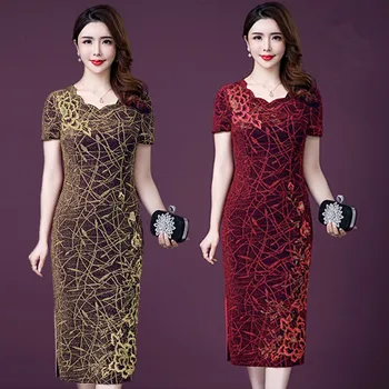 

High Quality Beautiful Spring Summer Women Dress Cheongsam Mother Elegant Temperament Wedding Banquet Dresses Plus Size 5xl Red