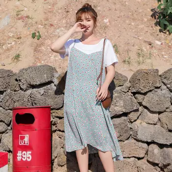 

Women's summer polka dot strap stitching fake two-piece dress plus size knee length casual dress 100 kg can wear