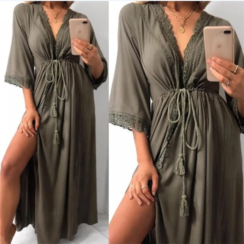 Beach Cardigan Dress Womens Long Hollow Out Lace Tie Up Waist Slim Fit Long Loose Pajamas Sleepwear Bathrobe Home Wear Summer 4